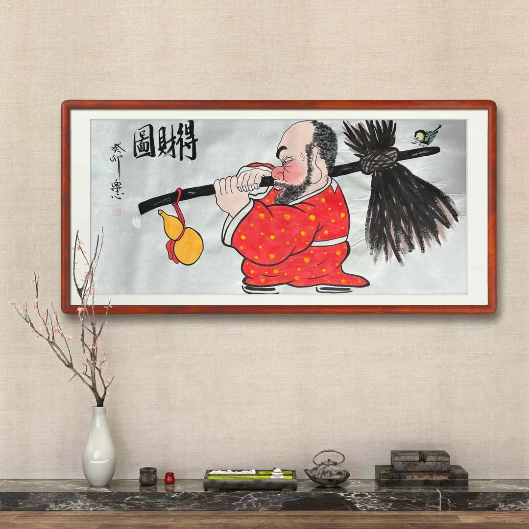 得财图-宣纸国画禅意画客厅书房茶室挂画玄关装饰画35X70cm无框