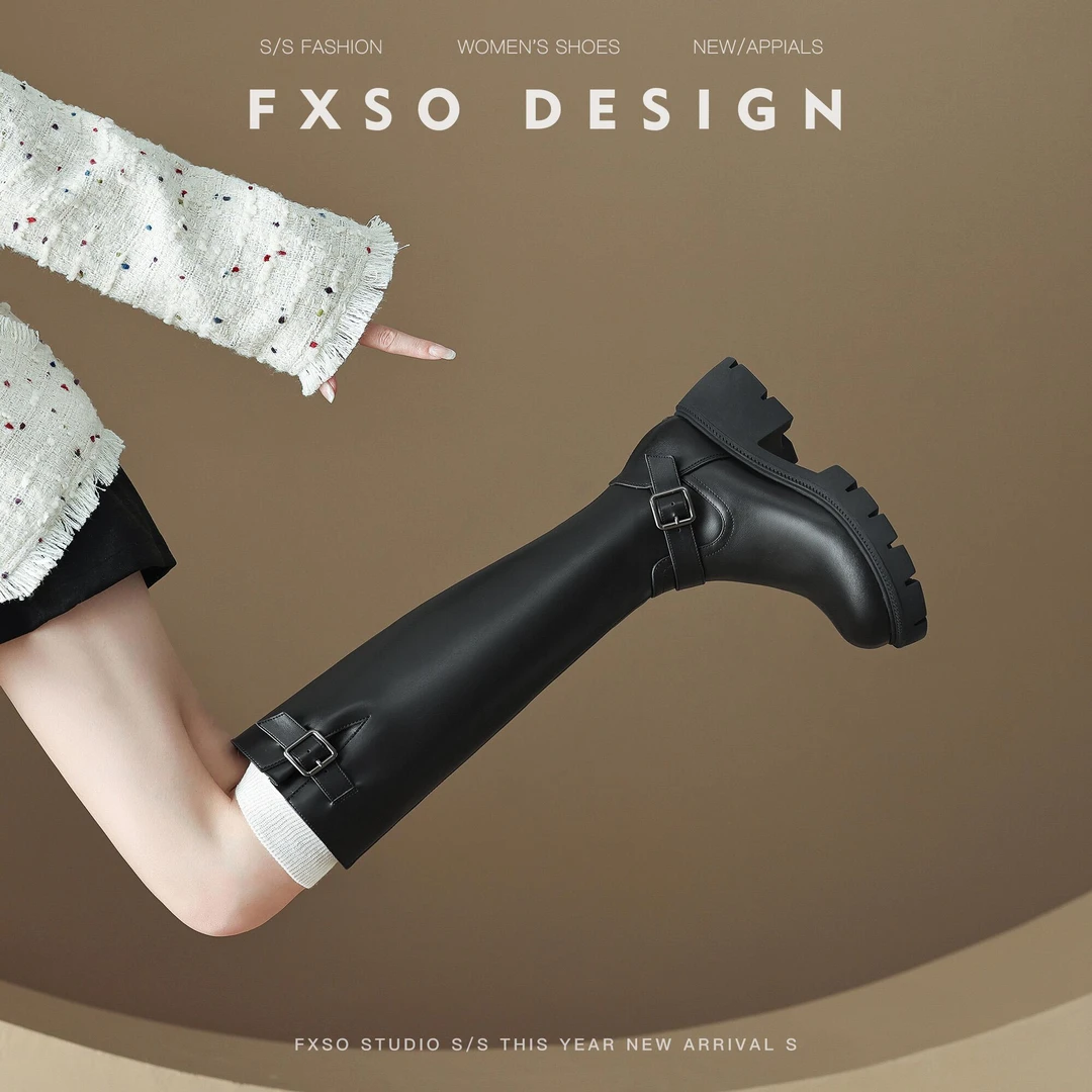 「FXSO方巷」2023年秋季新款长筒骑士靴皮带扣厚底高筒靴子长靴女