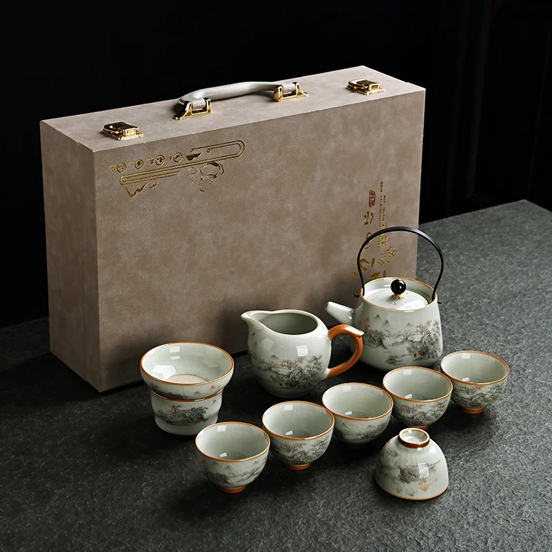 汝窑茶具中式轻奢高档家用茶盏杯山水人家盖碗品茗茶壶