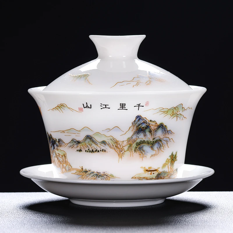 大号悬停盖碗三才杯羊脂玉白瓷家用茶杯陶瓷茶具功夫泡茶碗