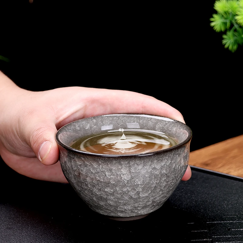 黑冰花主人杯大容量家用冰花盏杯冰裂纹品茗杯大号茶杯喝茶杯