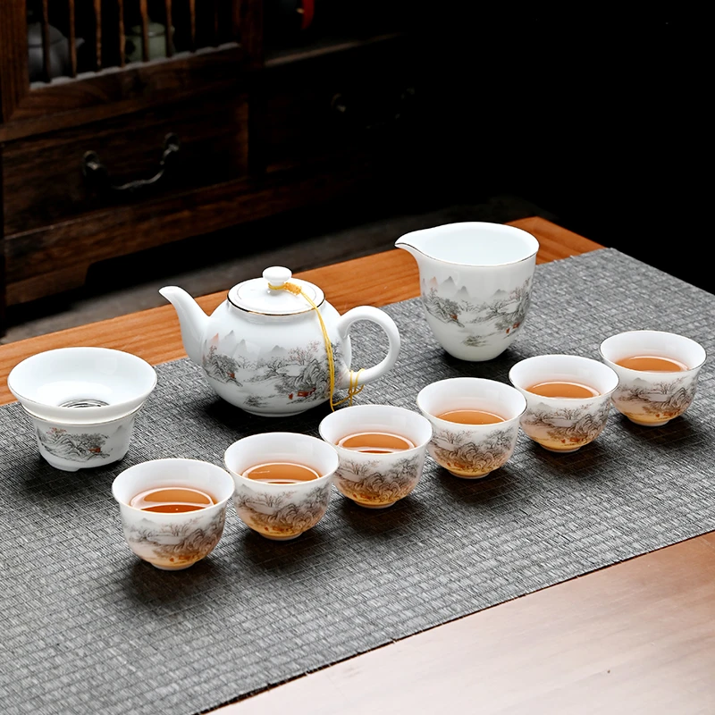 10头白冰种茶壶山水人家冰种描金羊脂玉瓷品茗茶具套装茶壶盖碗
