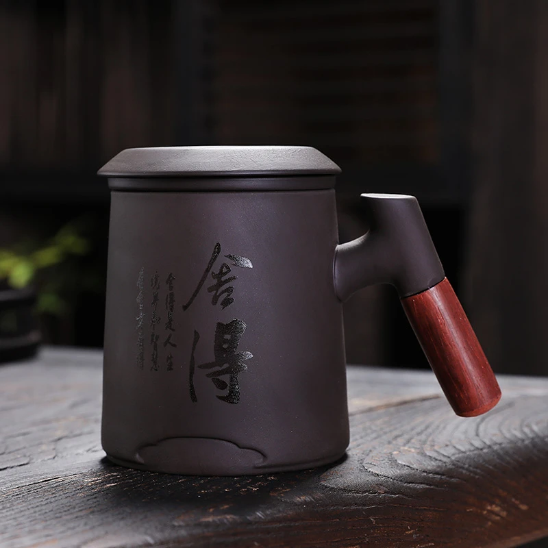 剑毫紫砂木柄马克杯陶瓷个人家用办公带盖带过滤茶水分离马克杯