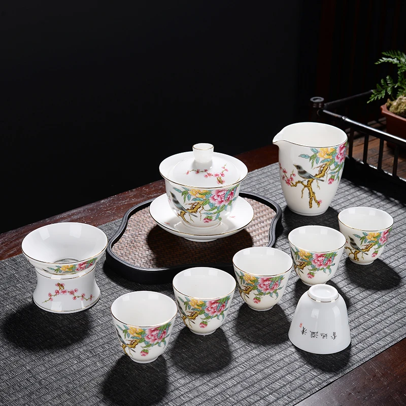 花鸟牡丹 羊脂玉德化白瓷功夫茶具陶瓷家用盖碗茶杯中国风