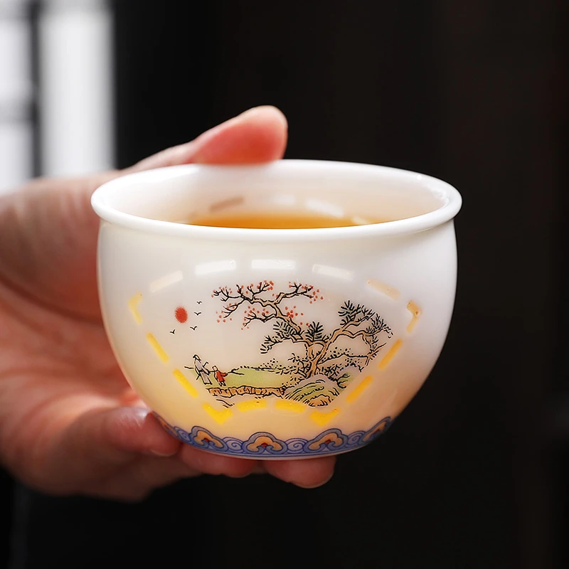 青花玲珑瓷镂空功夫茶杯主人杯单个品茗杯轻奢中式陶瓷茶具窗花