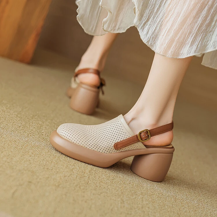 7CM 2024夏季新款包头厚底凉鞋时尚百搭高跟圆头一字带真皮女鞋