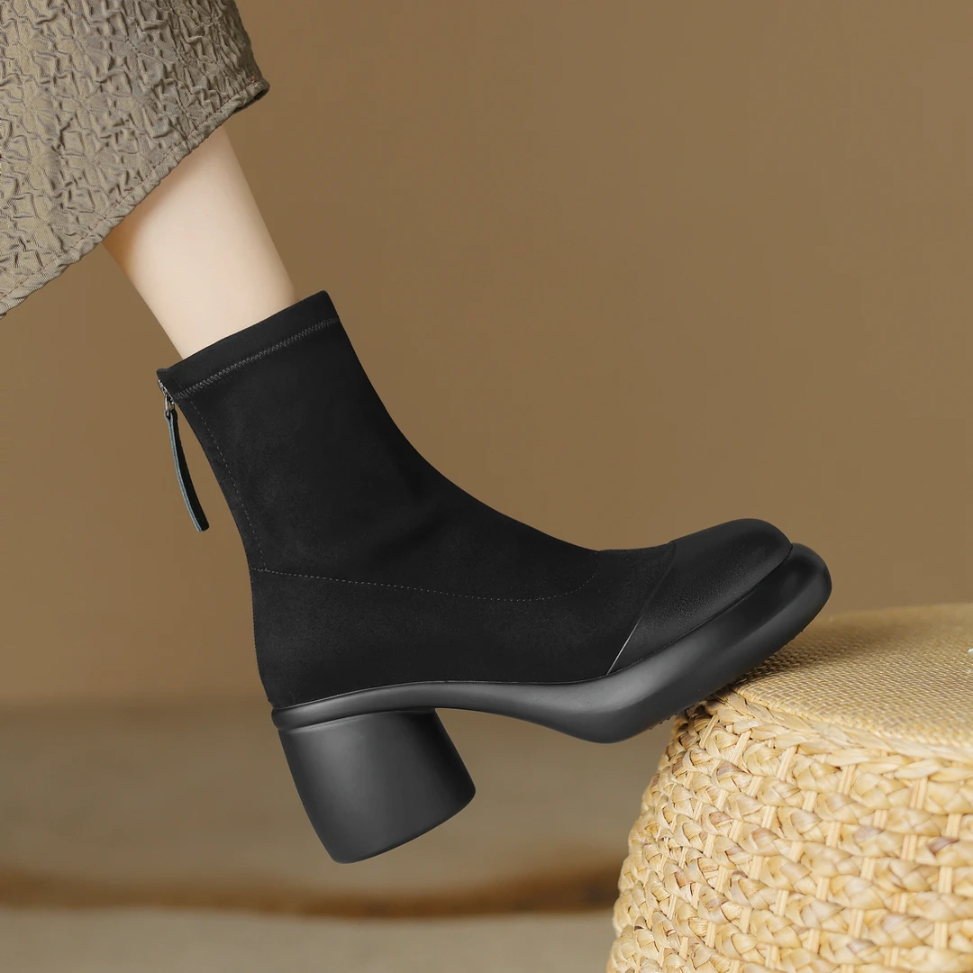 7CM 2025秋冬新款厚底复古时尚百搭女士圆头英伦风短靴子瘦瘦靴