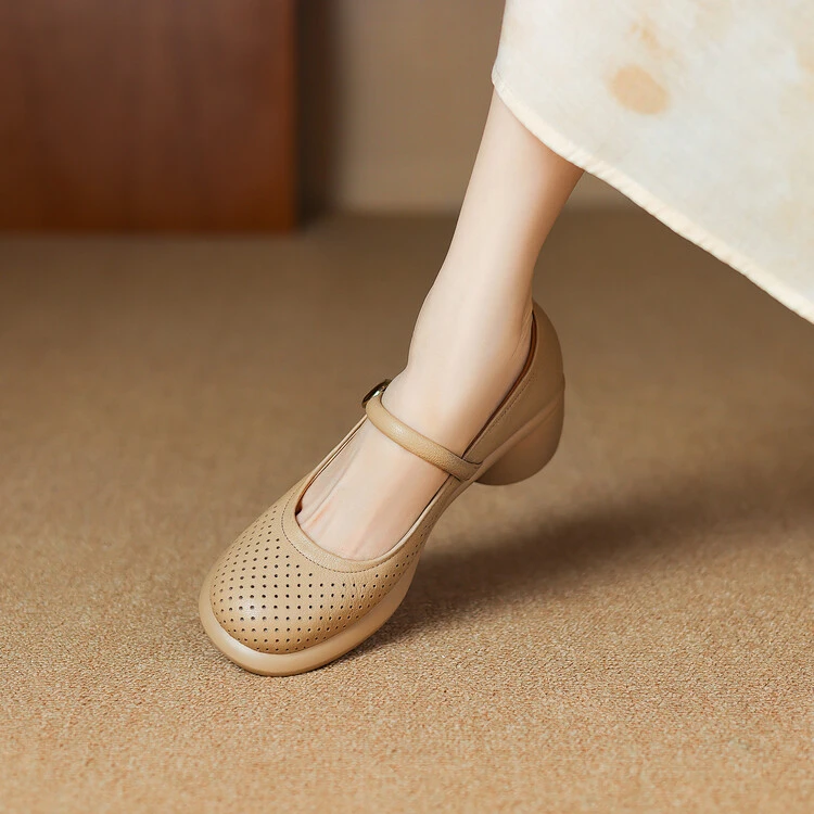 5CM 2024年夏季新款单鞋粗跟圆头洞洞鞋中跟时尚百搭休闲女鞋