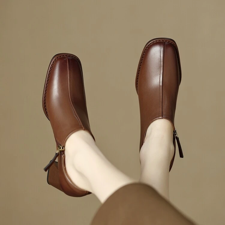 72022年单鞋方头粗跟复古高跟百搭女士真皮皮鞋高跟鞋通勤女鞋