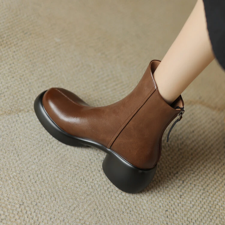 6.5CM 2025秋冬新款粗跟高跟复古英伦风时尚百搭女士圆头短靴短筒