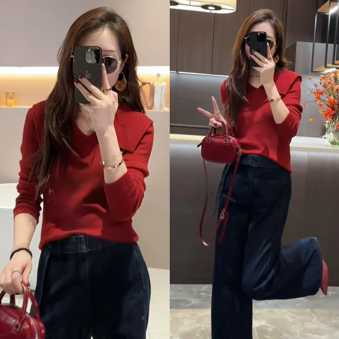 纯色大翻领长袖针织衫女2024年新款秋季简约休闲减龄百搭显瘦上衣