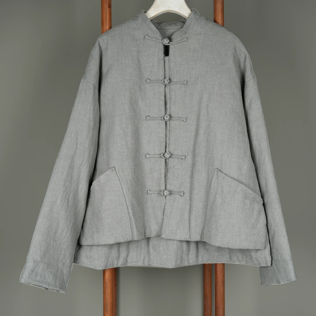 复古中国风秋冬灰绿色汉麻对襟盘扣夹袄休闲宽松中式立领秋季长袖