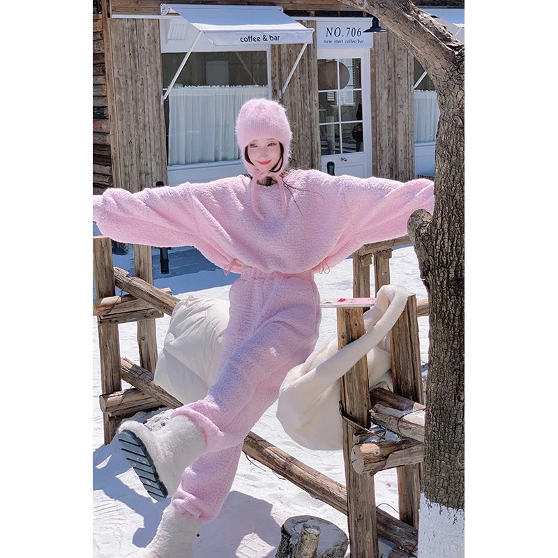 林初美粉色加绒套装女冬季韩系加厚上衣裤子内搭可外穿时尚俩件套