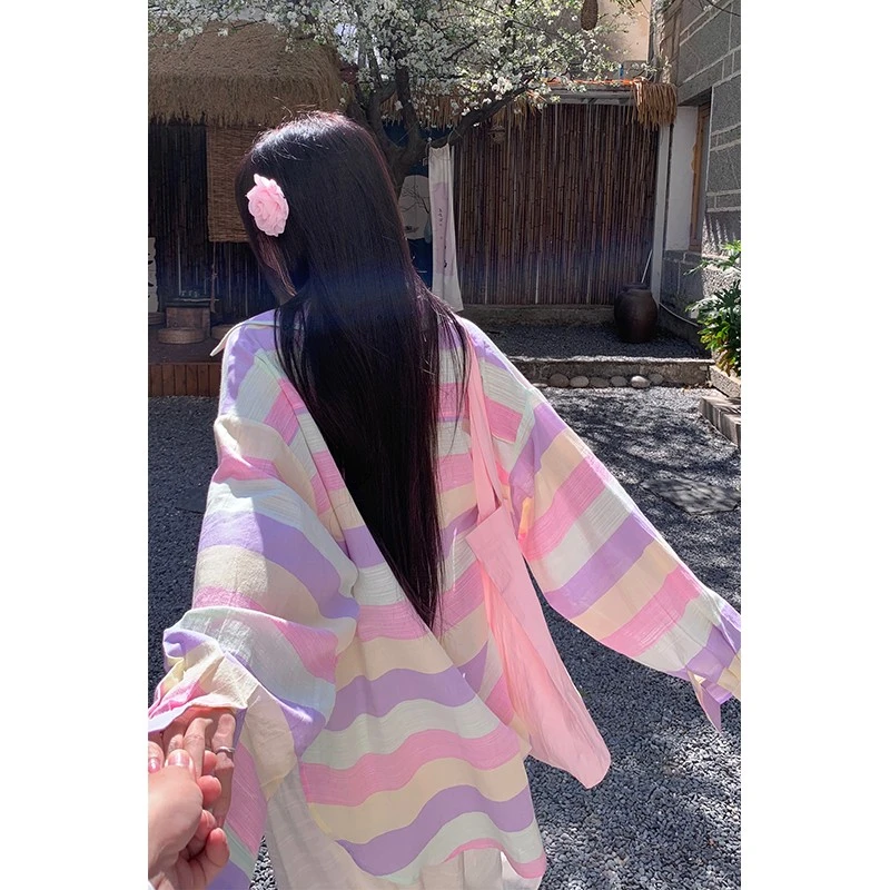 【林初美】多巴胺彩色条纹衬衫女春夏宽松薄款休闲防晒开衫上衣