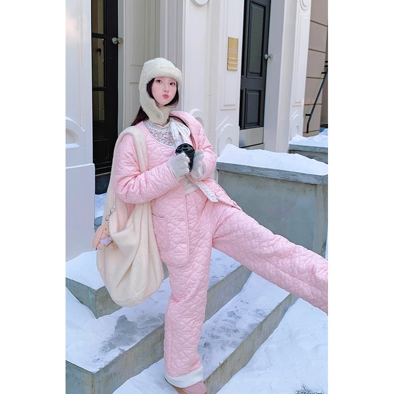 林初美 粉色棉服套装女秋冬韩系爱心外套棉裤包包减龄一整套穿搭
