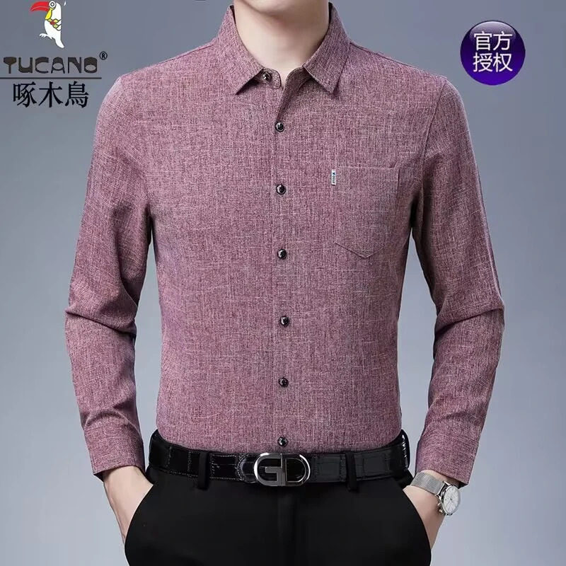 啄木鸟男士长袖衬衫中青年春秋款商务休闲衬衣高档时尚亚麻上衣男