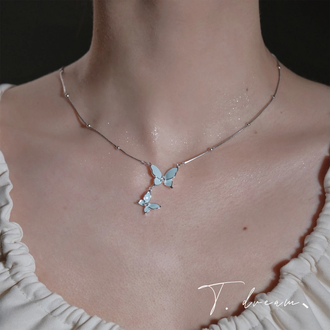 合金项链 仲夏夜之梦《绿芜》薄荷曼波蝴蝶项链女高级感锁骨链小众