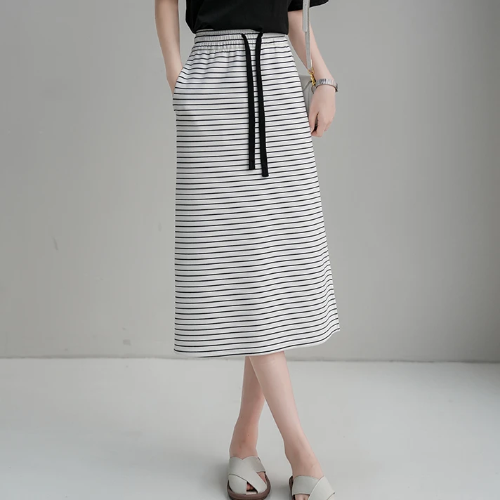秋款女士条纹过膝裙显瘦开叉休闲裙空气层条纹高腰半身裙3609