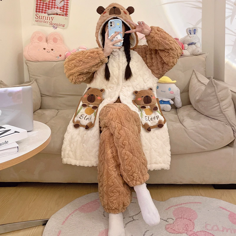 冬季三层加厚加绒夹棉睡衣女款连帽卡通学生保暖可外穿家居服套装