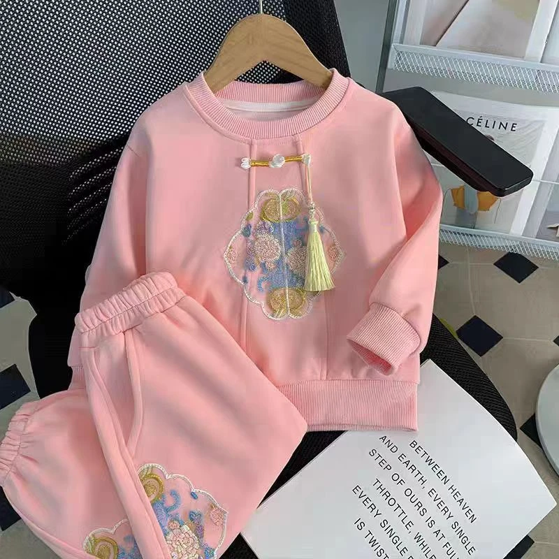 女童卫衣套装国风春秋款长袖运动装圆领甜美网红新中式卫衣两件套