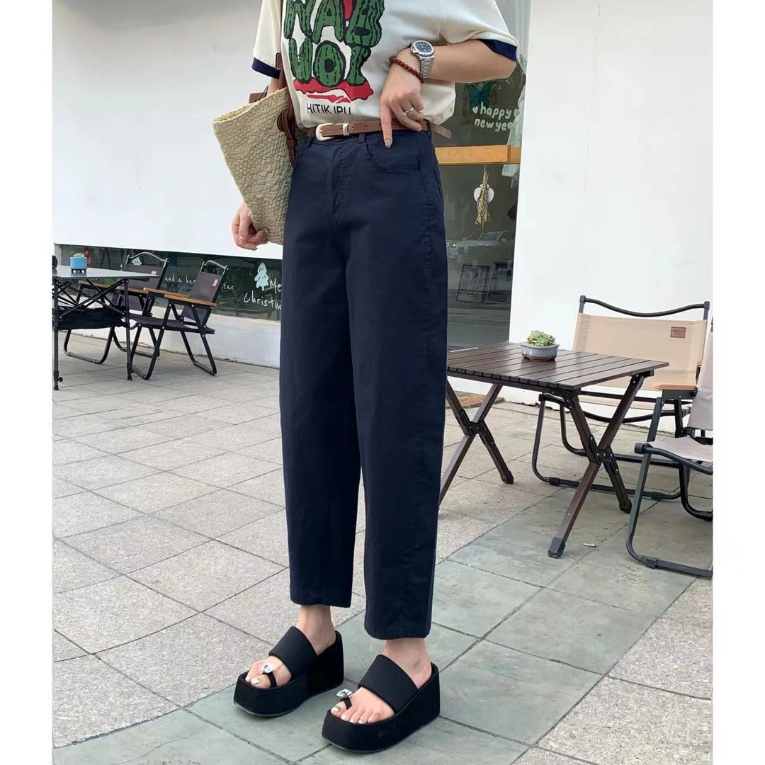 夏季女直筒中高腰轻薄款九分镰刀裤时尚显瘦宽松阔腿细腰带休闲裤