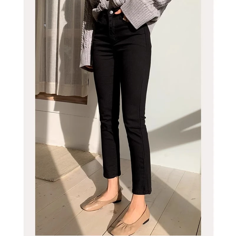 矮小个子加绒直筒牛仔裤女秋冬2025新款高腰显瘦保暖黑色九分烟管