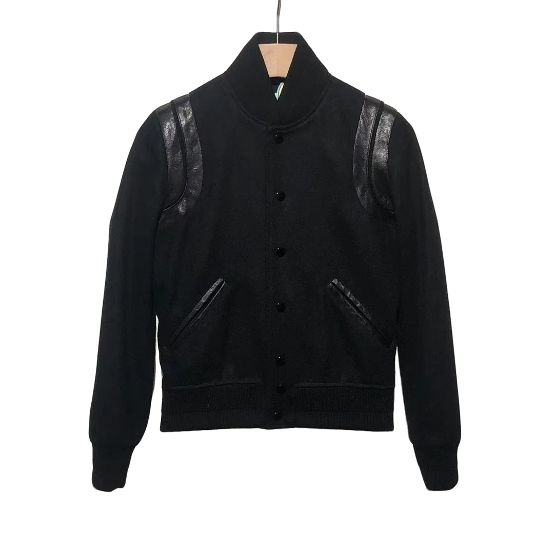 竞拍 slp/圣罗兰 时尚 黑色拼皮棒球服外套/36码/95+新/XG-Y15845