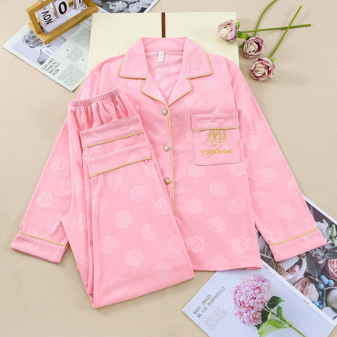 德绒女士睡衣保暖长袖长裤套装可外穿加厚压花女家居服套装