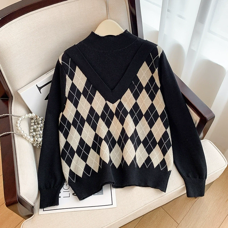 120-200斤胖MM新款洋气显瘦包芯纱加厚假两件半高领菱格针织毛衣