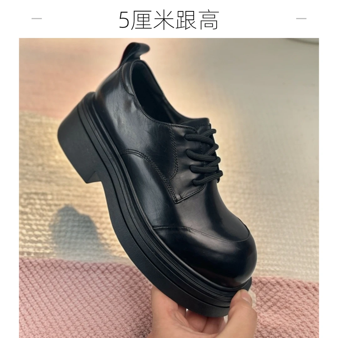 2024春季厚底乐福鞋复古百搭休闲商务黑色真皮系带时尚圆头乐福鞋