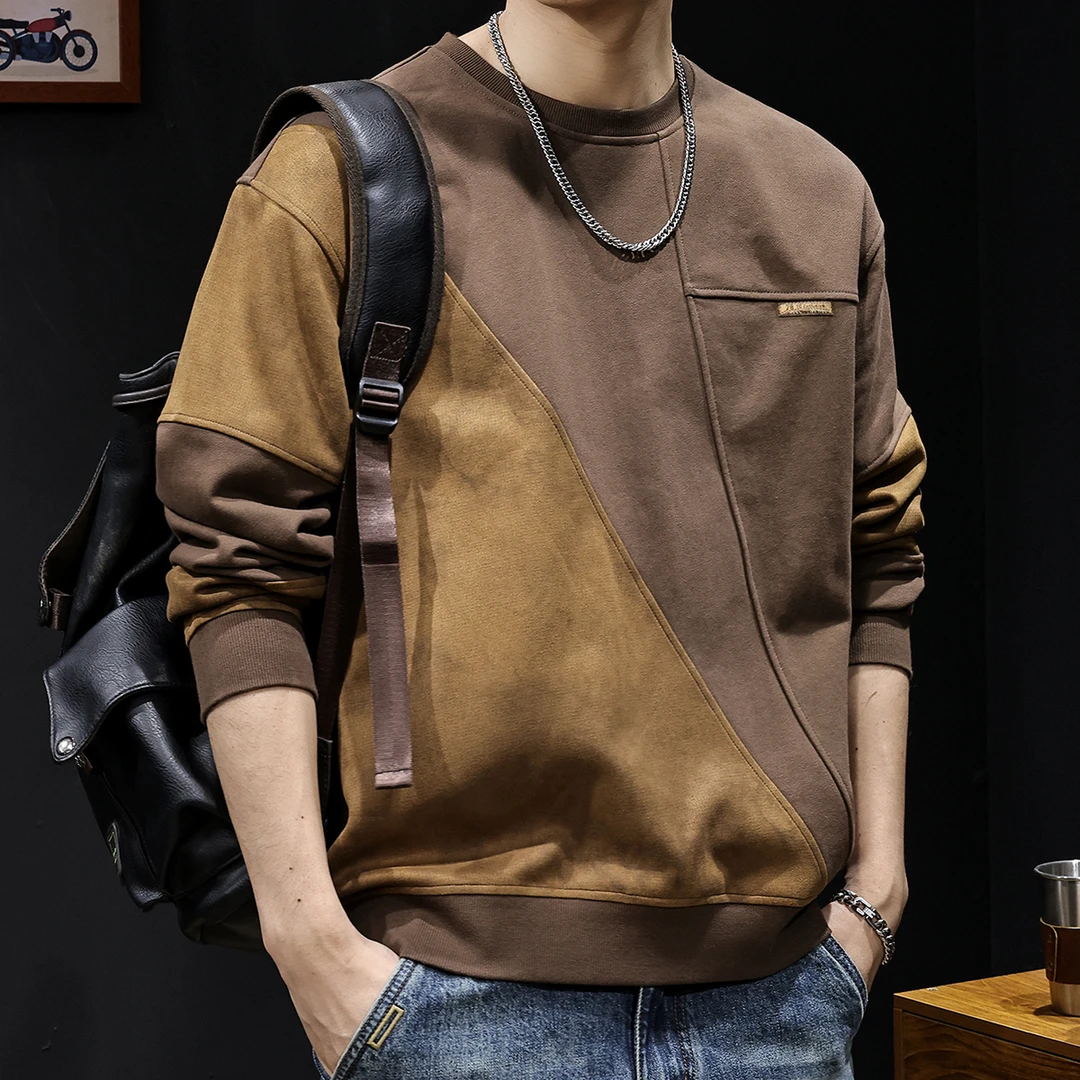 450g重磅潮牌拼接圆领卫衣秋冬男士美式复古磨毛加绒上衣棉t恤