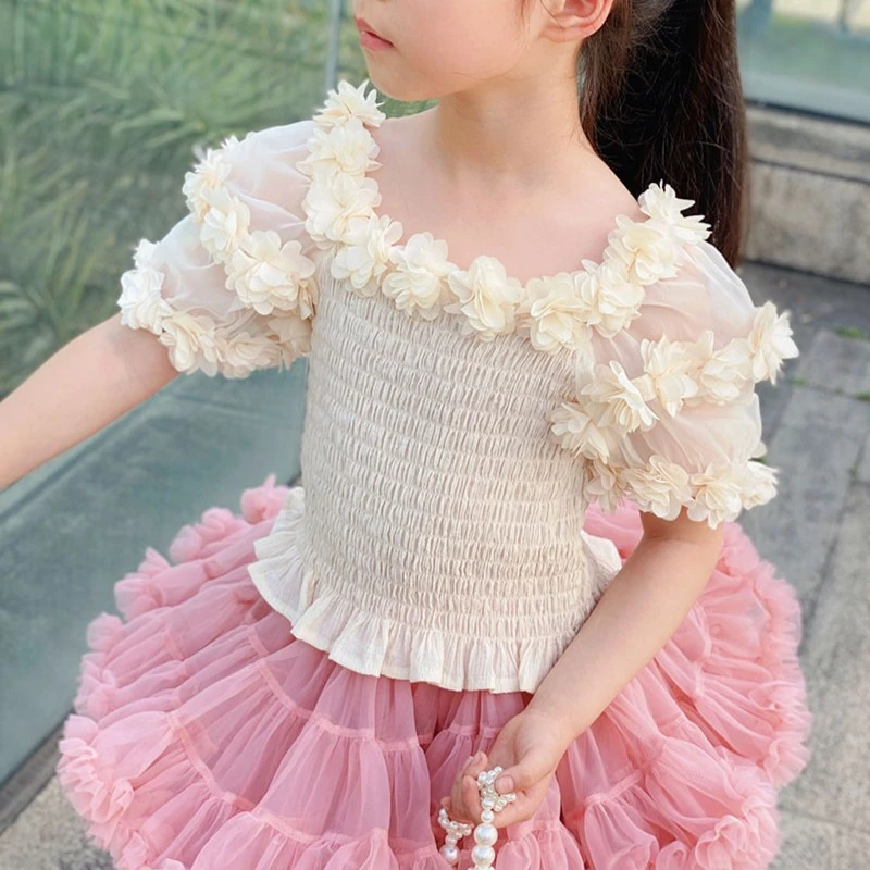 【花仙子】女童重工花朵2023夏季童装洋气上衣女童装时尚短袖T恤