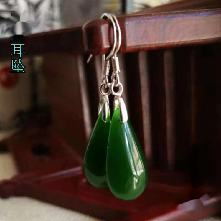 百搭999纯银耳钩耳环国风爆款玉石碧色耳环绿色妈妈耳坠