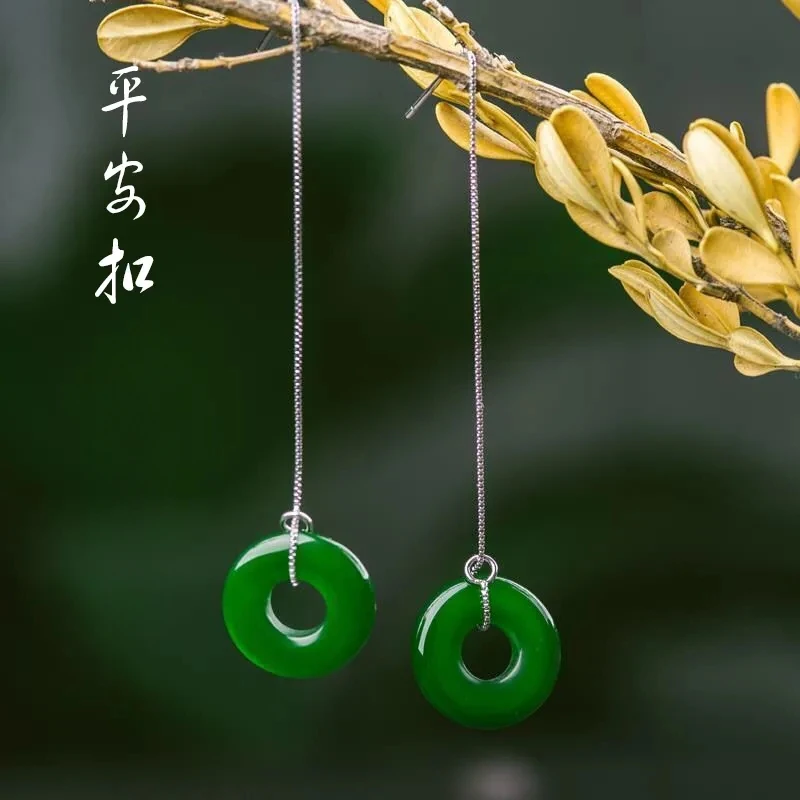 古风碧色简约S925银玉石长耳线镶嵌平安扣耳环百搭