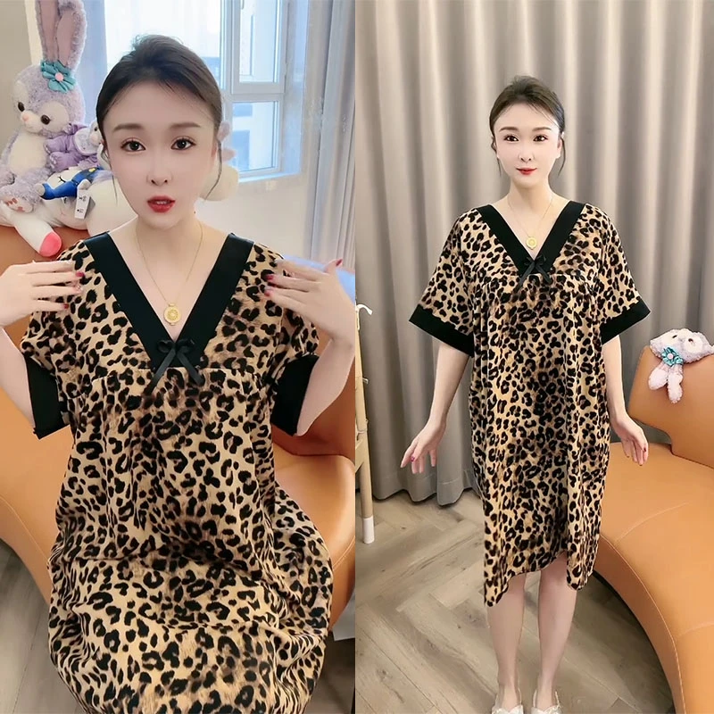 夏季性感薄款大码睡裙网红豹纹睡衣时尚休闲宽松女士家居服连衣裙