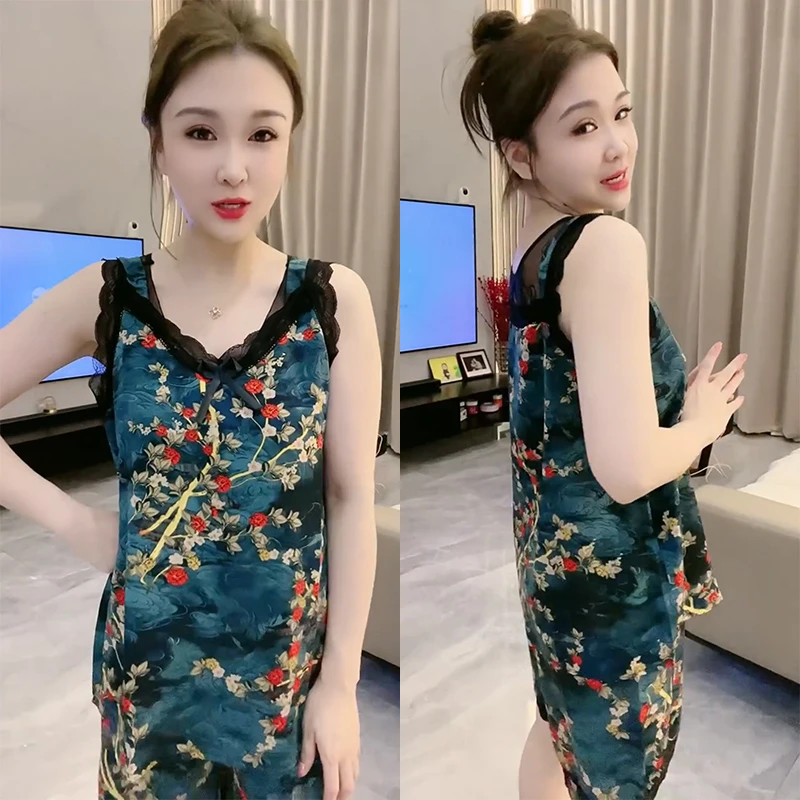 夏季薄款无袖吊带睡衣女时尚蕾丝性感大码家居服可爱学生睡衣套装