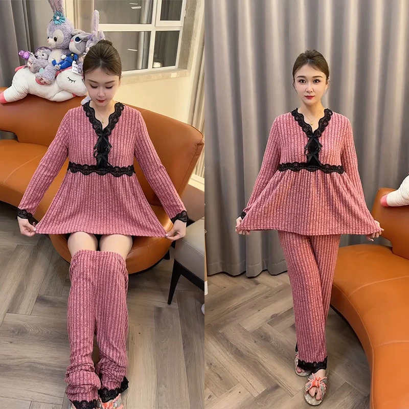 秋冬季小香风睡衣女网红时尚洋气显瘦气质条纹舒适保暖家居服套装