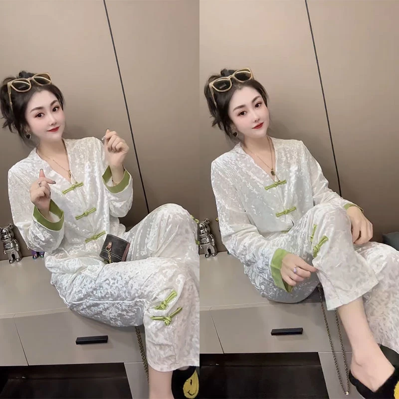 秋冬春秋女长袖宽松大码舒适时尚甜美提花国风盘口休闲家居服套装