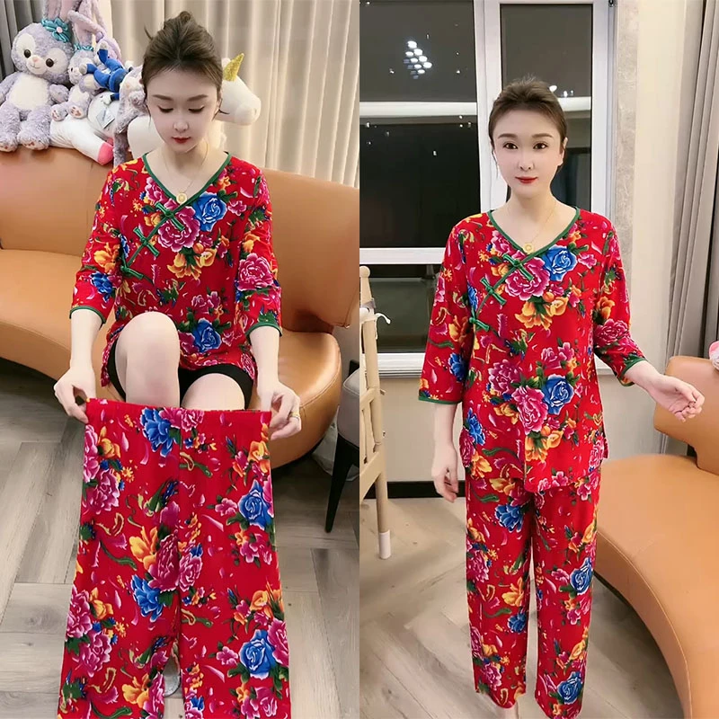 春夏薄款睡衣女套装国风印花民族风大码网红东北大花休闲家居服