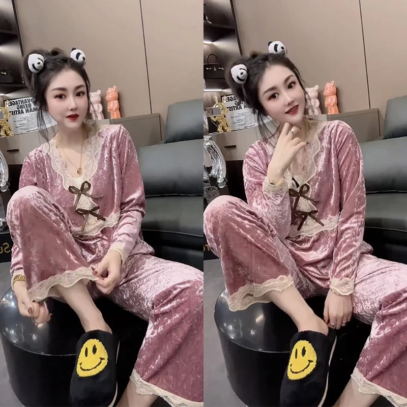 秋冬季新款金丝绒网红睡衣蕾丝大码时尚绒保暖长袖女士家居服套装