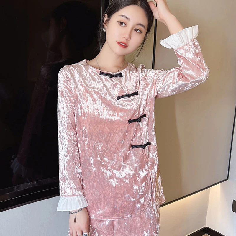 秋季新款金丝绒睡衣女时尚洋气韩版宽松长袖中国风盘扣家居服套装