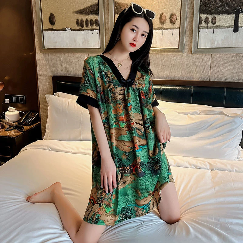2023夏季新款韩版印花薄款睡衣女宽松显瘦休闲时尚中长款大码睡裙