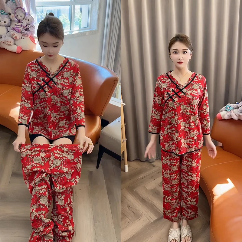 秋冬季德绒保暖睡衣女碎花长袖中式国风红色印花宽松大码家居服套