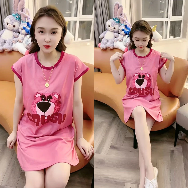 夏天薄款睡衣女连衣裙时尚卡通印花休闲宽松睡裙韩版草莓熊家居服