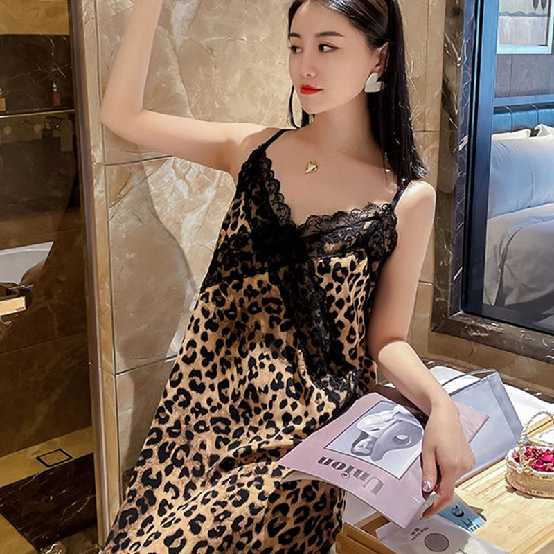 高档豹纹性感蕾丝花边V领吊带睡裙夏季新款气质大码家居服睡衣女