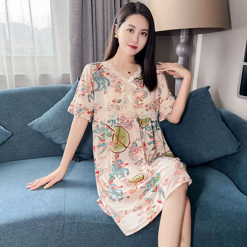 夏天薄款速干睡裙休闲宽松透气弹力睡衣女时尚韩版蕾丝甜美家居服