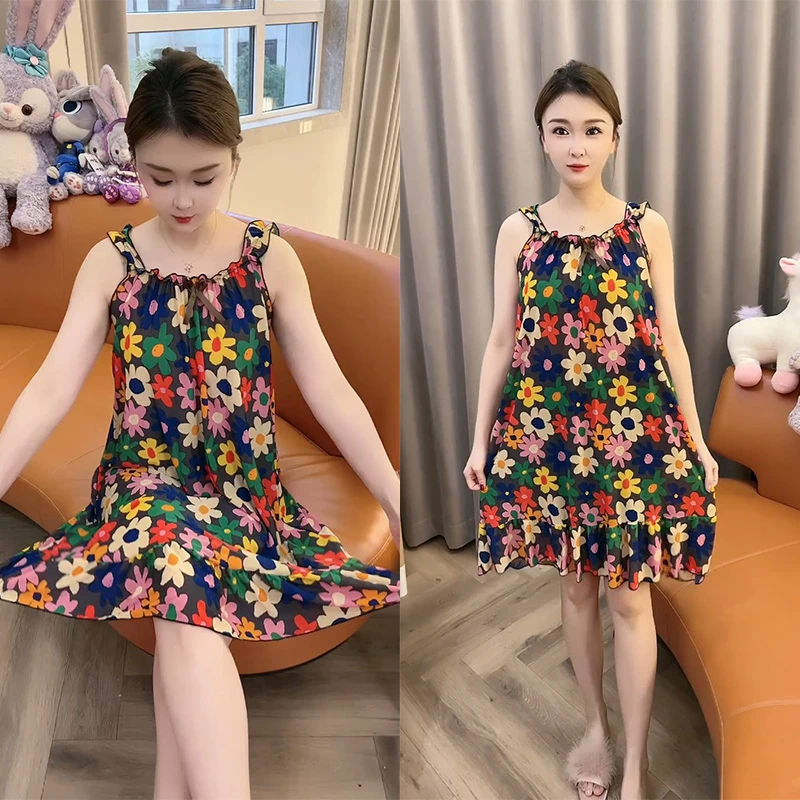 夏季薄款吊带睡裙时尚洋气无袖韩版睡衣女休闲宽松舒适透气家居服