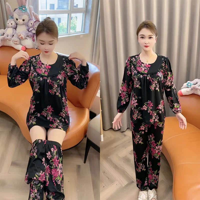 春秋新款德绒睡衣女时尚妈妈装休闲宽松显瘦洋气印花大码家居服套
