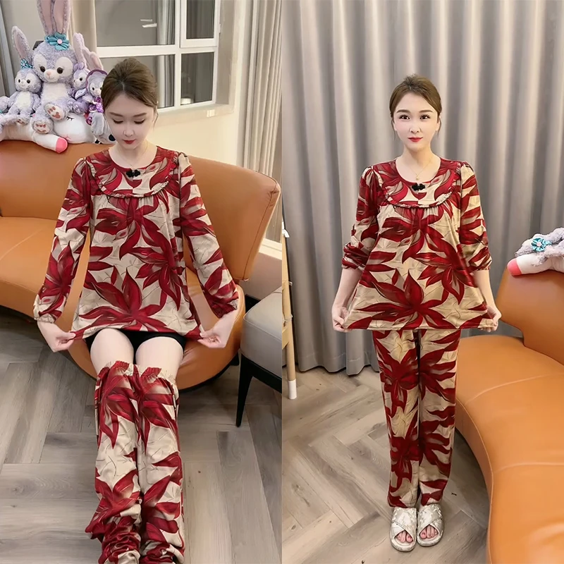 秋季德绒睡衣女大码网红时尚中式印花休闲宽松韩版舒适家居服套装
