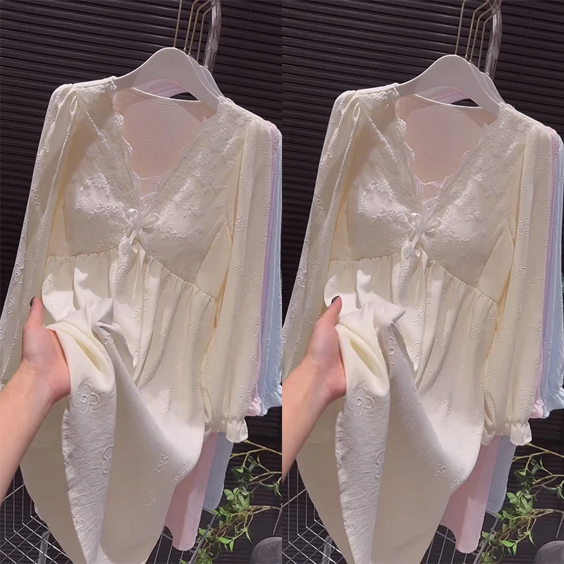 网红薄款睡裙带胸垫气质时尚洋气宽松甜美法式云朵棉睡衣家居服女